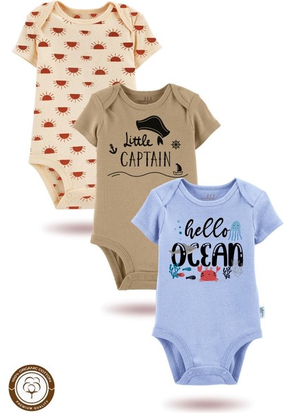 3'lü Organik"küçük Kaptan" Baskılı Kısa Kollu Bebek Body Zıbın KISAMAVI-KAHVE-GÜNEŞ96-713