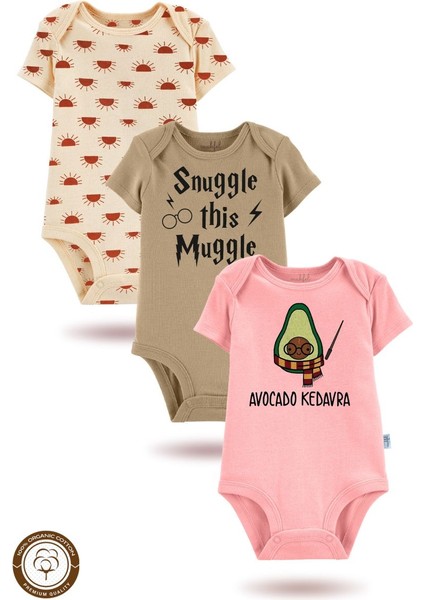 3'lü Organik"snuggle This Muggle" Baskılı Kısa Kollu Bebek Body Zıbın KISAPEMBE-KAHVE-GÜNEŞ720-796