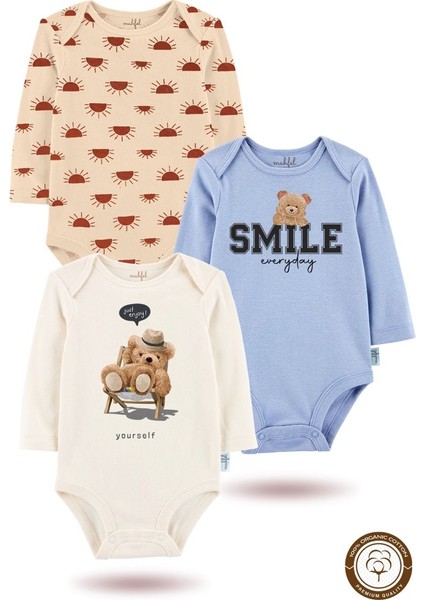 3'lü Organik Baskılı Mavi-Ekru Uzun Kollu Bebek Body Zıbınuzun-Güneş-Mavi-Ekru-40-39
