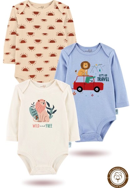 3'lü Organik Baskılı Mavi-Ekru Uzun Kollu Bebek Body ZIBINUZUN-GÜNEŞ-MAVI-EKRU-385-276