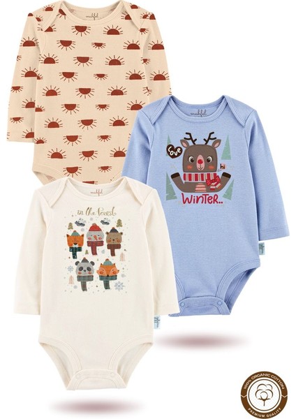 3'lü Organik Baskılı Mavi-Ekru Uzun Kollu Bebek Body ZIBINUZUN-GÜNEŞ-MAVI-EKRU-536-521