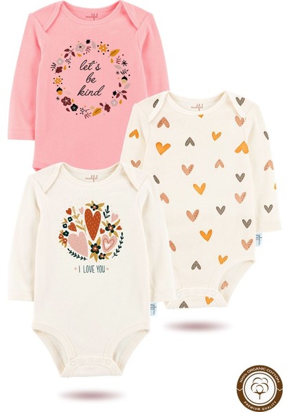 3'lü Organik"let's Be Kind" Baskılı Desenli Uzun Kollu Bebek Body Zıbın UZUNPEMBE-EKRU-KALP-768-635