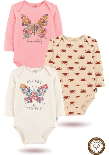 3'lü Organik "butterfly Baskılı Uzun Kollu Bebek Body ZIBINUZUN-GÜNEŞ-EKRU-PEMBE-111-113