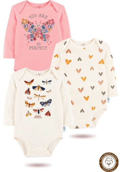 3'lü Organik"butterfly" Baskılı Desenli Uzun Kollu Bebek Body Zıbın UZUNPEMBE-EKRU-KALP-725-111