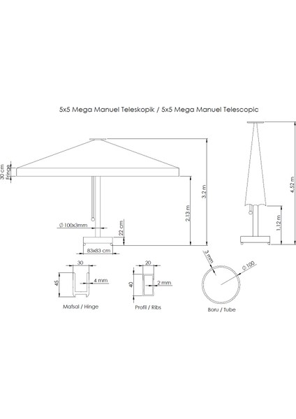 Şemsiye Evi 500*500/8 Mega Manuel Teleskobik Bahçe Şemsiyesi İthal Kumaş 90-5000-03-S