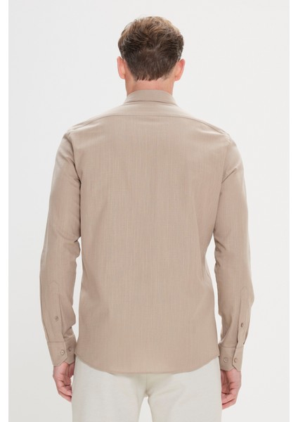 Erkek Vizon Slim Fit Dar Kesim Düğmeli Yaka Keten Görünümlü %100 Pamuk Flamlı Gömlek