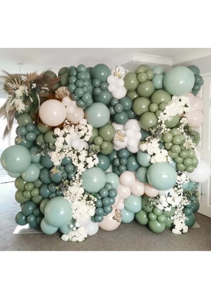 Zincir Balon Seti Adaçayı-Kış Yeşili-Okaliptus-Bej-Beyaz 60 Adet +BalonŞeridi