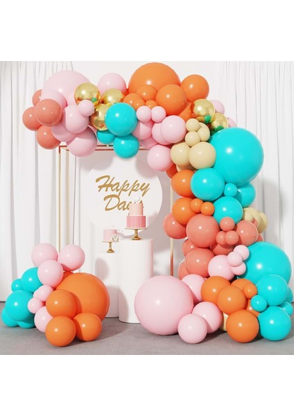 Balon Seti Turuncu-Pembe-Turkuaz-Retro Pembe-Makaron Sarı 100 Lü Balon Zinciri Seti