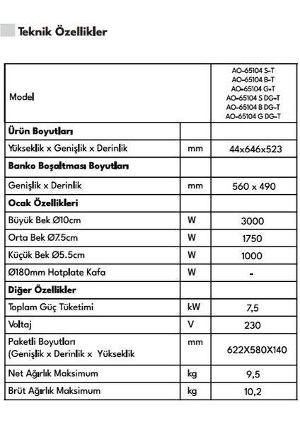 AO-65104 G-T 65 cm 4 Gözü Gazlı Ankastre Ocak