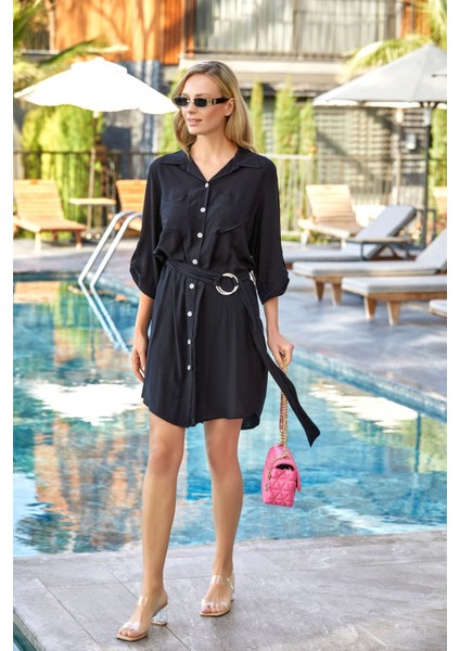 23773 Kadın Uzun Kollu Önden Düğmeli Elbise-Siyah