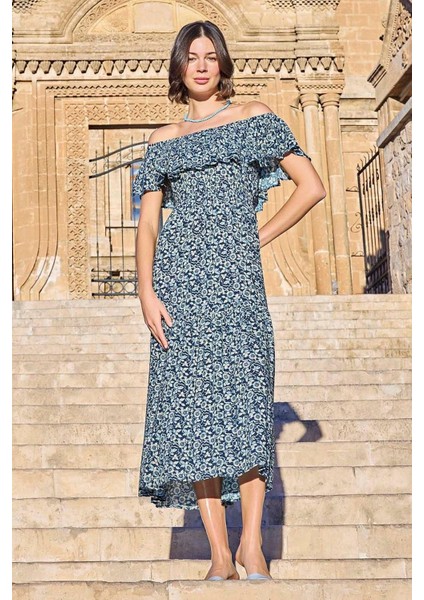 23020 Kadın Volanlı Elbise-Lacivert