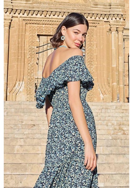 23020 Kadın Volanlı Elbise-Lacivert fiyatları