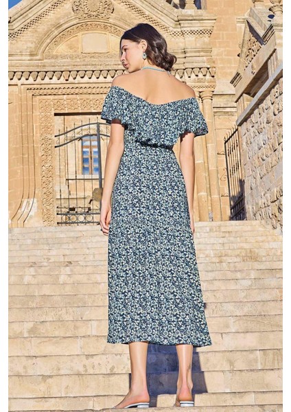 23020 Kadın Volanlı Elbise-Lacivert modelleri