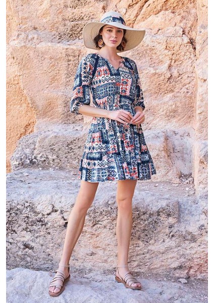 23064 Kadın Etnik Desen Truvakar Kol V Yaka Elbise-Lacivert fırsatları