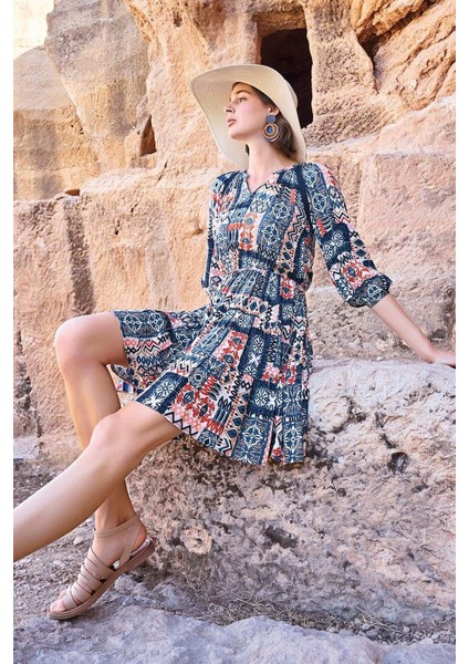 23064 Kadın Etnik Desen Truvakar Kol V Yaka Elbise-Lacivert indirimleri