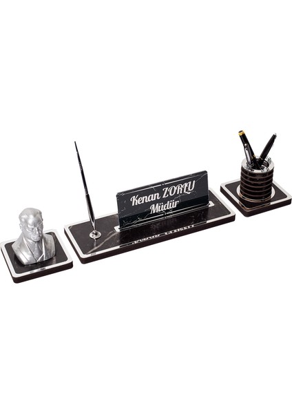 Mermer Desen Atatürk Biblo Masa Isimliği Ahşap Isimlik 3'lü Gümüş