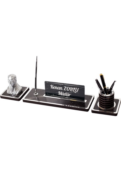 Mermer Desen Atatürk Biblo Masa Isimliği Ahşap Isimlik 3'lü Gümüş fiyatları