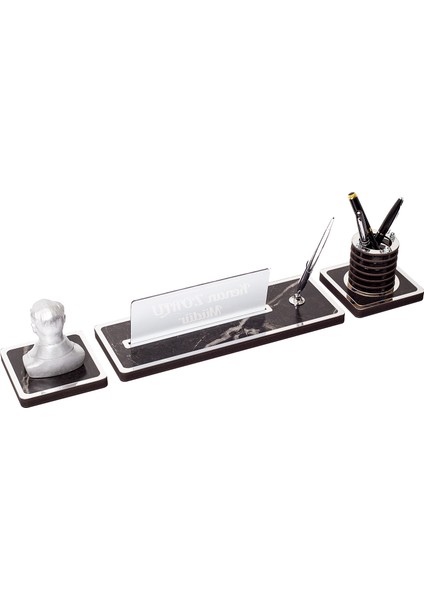 Mermer Desen Atatürk Biblo Masa Isimliği Ahşap Isimlik 3'lü Gümüş modelleri
