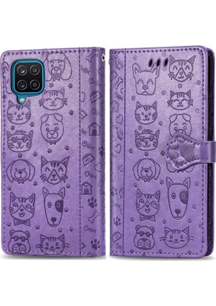 Samsung Galaxy A12 Için Kılıf Kısa Kayış Kapak Kapak Karikatür Hayvanlar Kılıf (Yurt Dışından)