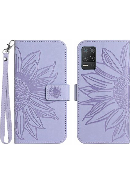 Kart Yuvaları Tutucu Kısa Kayış ile Realme 8 5g Kabartmalı Ayçiçeği Için Kılıf (Yurt Dışından)