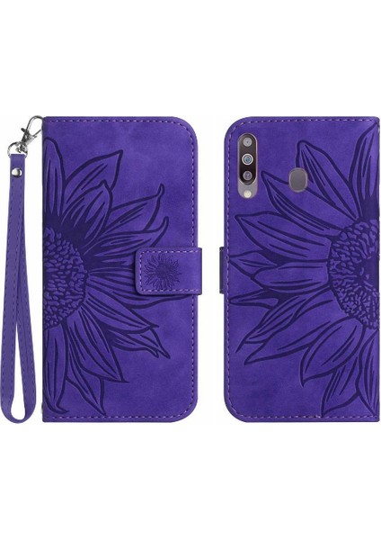 Kart Yuvaları Tutucu Kabartmalı Ayçiçeği Pu ile Samsung Galaxy A20S Için Kılıf (Yurt Dışından)