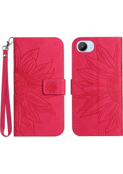 Realme C30 Flip Cüzdan Telefon Kılıfı Için Kılıf Kabartmalı Ayçiçeği Kısa Kayış (Yurt Dışından)