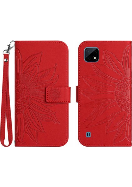 Realme C11 Kısa Kayış Lüks Pu Deri Kabartmalı Ayçiçeği Flip Için Kılıf (Yurt Dışından)