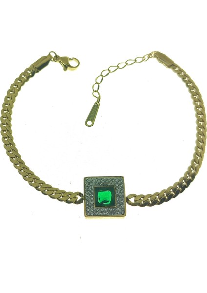 Altın Renk Kare Yeşil Taşlı Çelik Bileklik - 2626