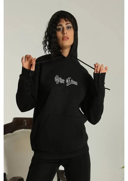 Sırt Baskılı Oversize Üç Iplik Kapüşonlu Sweatshirt - Siyah