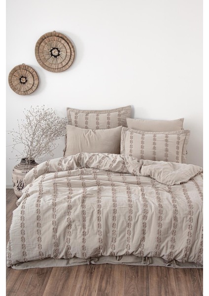 Sima Battal Boy Nevresim Takımı Organik Pamuk Müslin Brodeli Bej 240x220 cm