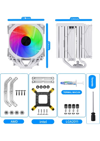 MT660 2*12CM Colorful Fan 4pin + 6 Borulu Premium Beyaz Cpu Fan