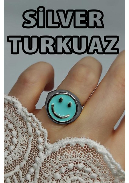 Gümüş Renk Turkuaz Mineli Gülen Surat Yüzük Ayarlanabilir Her Parmağa Olur - 2298