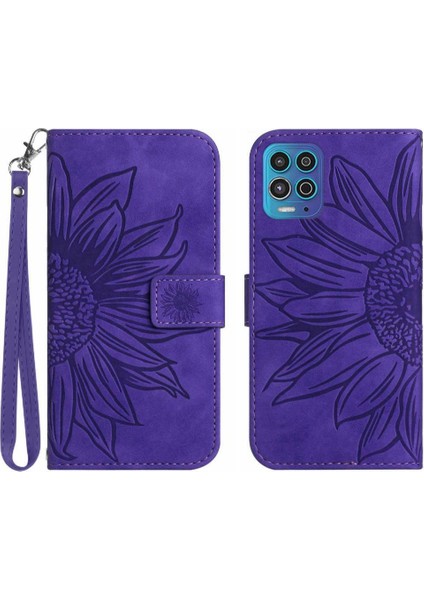 Motorola Moto G100 Kabartmalı Ayçiçeği Kart Yuvaları Tutucu Pu Telefon Kılıfı (Yurt Dışından)