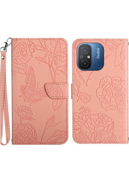 Xiaomi Redmi 11A Çiçekler ve Bilek Kayışı Deri ile Kelebekler Için Telefon Kılıfı (Yurt Dışından)