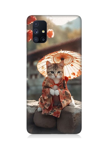 Samsung Galaxy M51 Uyumlu Geyşa Kıyafetli Kedi Desenli Silikon Kılıf