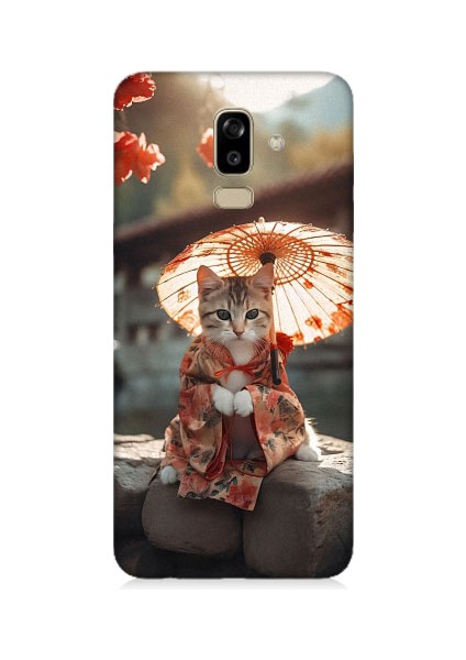 Samsung Galaxy J8 Uyumlu Geyşa Kıyafetli Kedi Desenli Silikon Kılıf
