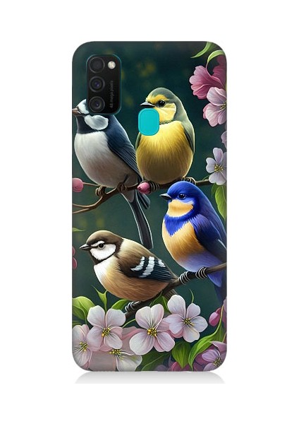 Samsung Galaxy M21 Uyumlu Mavi Sarı ve Siyah Başlı Kuşlar Desenli Silikon Kılıf