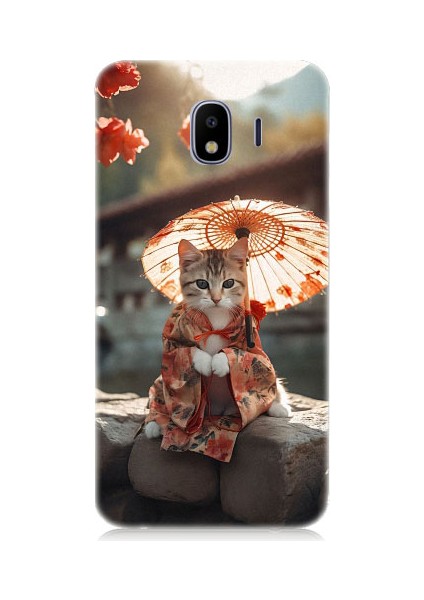 Samsung Galaxy J4 Duo Uyumlu Geyşa Kıyafetli Kedi Desenli Silikon Kılıf
