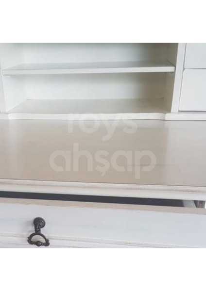 Roys Ahşap 5216 Beyaz Eskitme 110 cm Çekmeceli Lükens Raflı Ofis Çalışma Masası