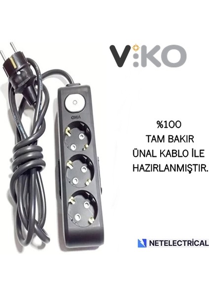 Multi-Let Siyah 3lü Anahtarlı 5 Metre Topraklı Çocuk Korumalı Kablolu Grup Priz