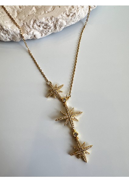 Kuzey Yıldızı Detaylı Zirkon Taşlı Çelik Kolye