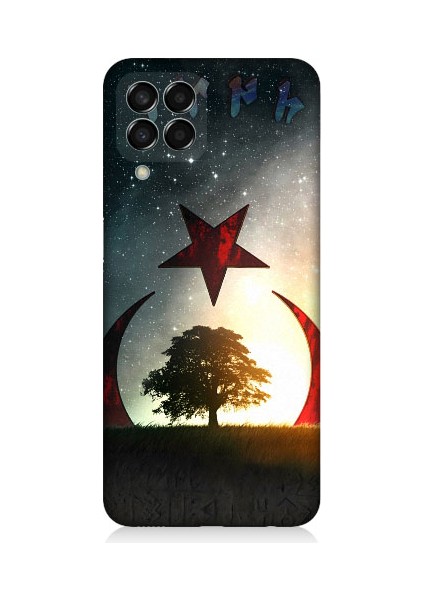 Samsung Galaxy M33 Uyumlu Göktürkçe Türk ve Ağaç Bayrak Desenli Silikon Kılıf