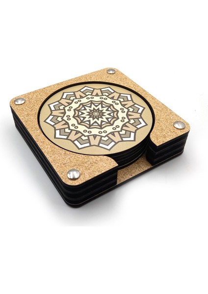 Bohem Desenli Baskılı Ahşap Bardak Altlığı 6'lı Takım, Ofis Aksesuarı, Masa Aksesuarı, Çay Kahve Içecek Altlığı, Masa Üzeri Koruyucu Altlık