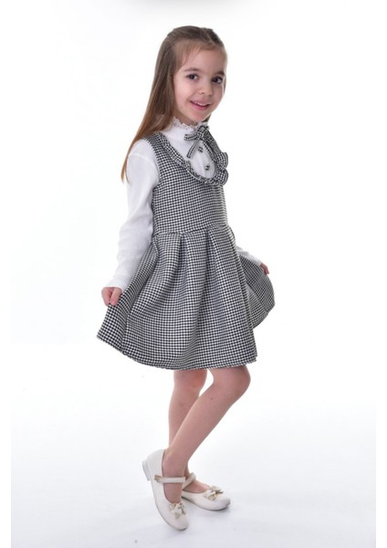 Yakalı Kazayağı Desen Kız Çocuk Elbise Siyahbeyaz fiyatları