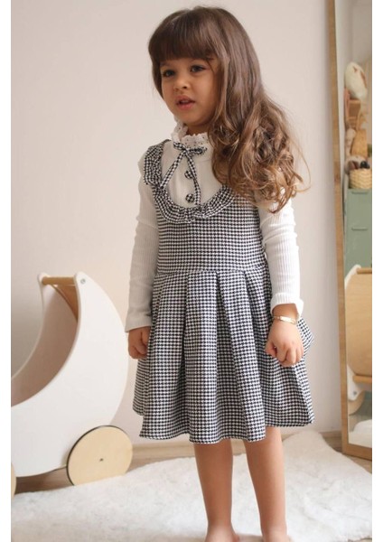 Yakalı Kazayağı Desen Kız Çocuk Elbise Siyahbeyaz modelleri