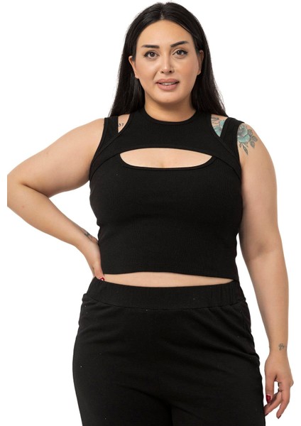 Büyük Beden Göğüs Dekolteli Fitilli Kaşkorse Siyah Body