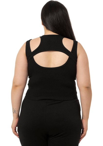Büyük Beden Göğüs Dekolteli Fitilli Kaşkorse Siyah Body