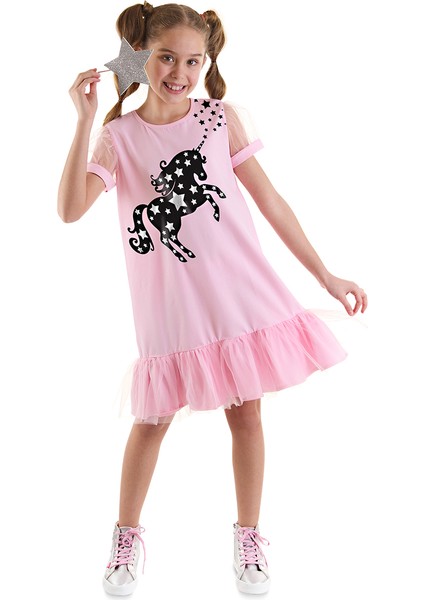 Yıldızlı Unicorn Kız Çocuk Pembe Tüllü Elbise