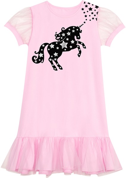 Yıldızlı Unicorn Kız Çocuk Pembe Tüllü Elbise modelleri
