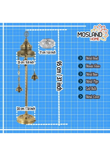 Mosland Home Osmanlı Fas El Yapımı Mozaik Lambader, Eskitme Ayaklı Köşe Lambası